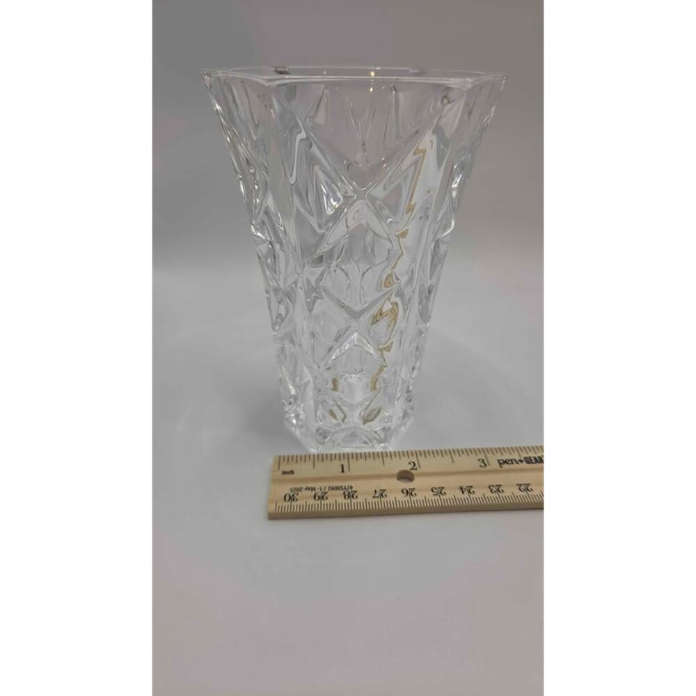 Heavy Clear Cut Lead Crystal Hexagonal Flower Vase 5" Geometric Starburst - Picture 6 of 6